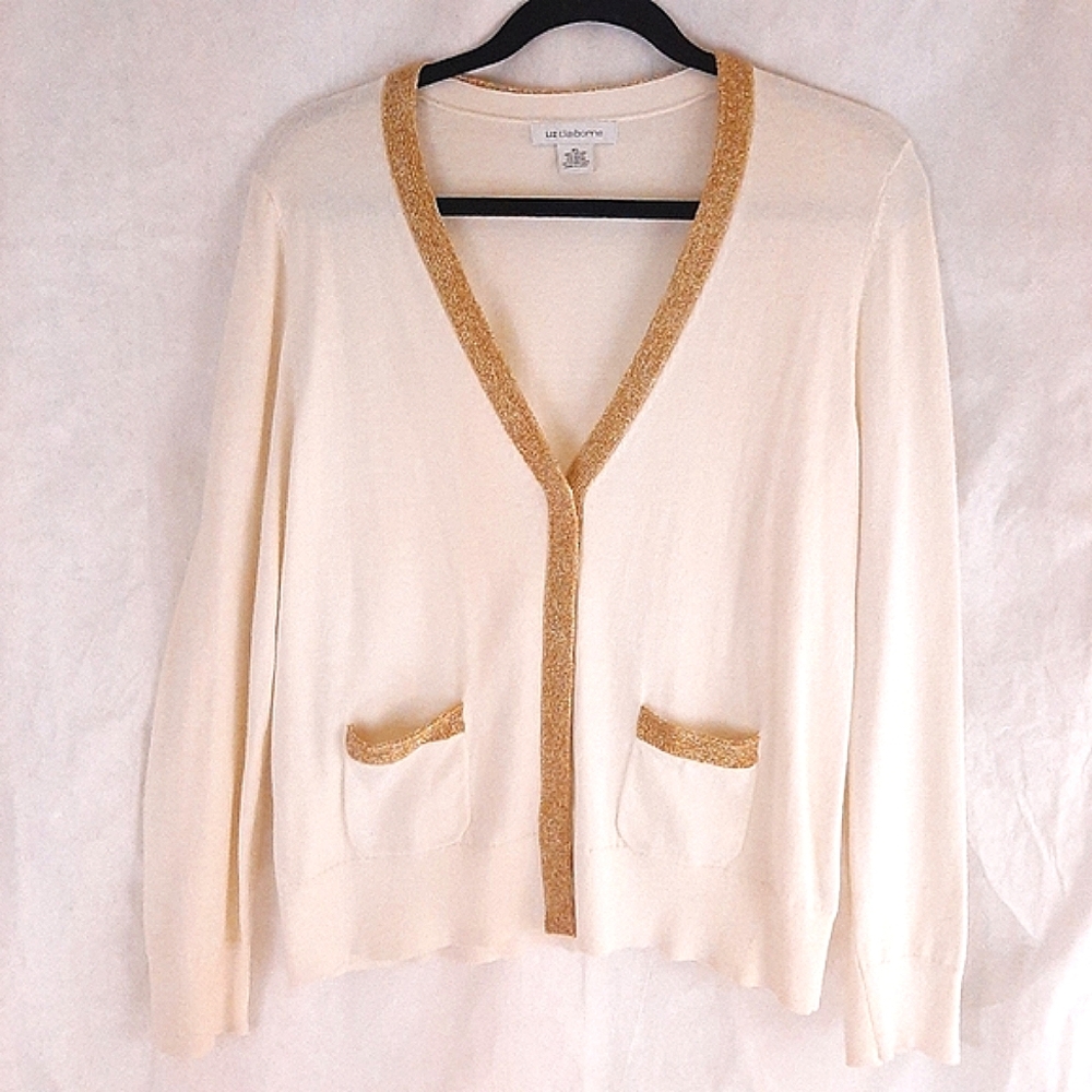 Cream & Sparkling Gold Trim button Cardigan Sweater Jacket Size XL Liz Claiborne